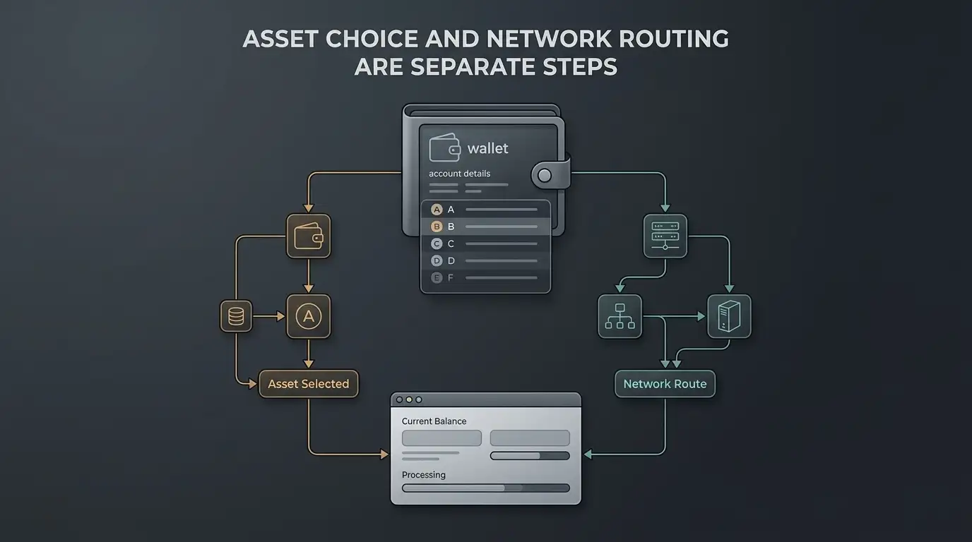 Generic crypto wallet connected to several blockchain network nodes and a casino balance panel