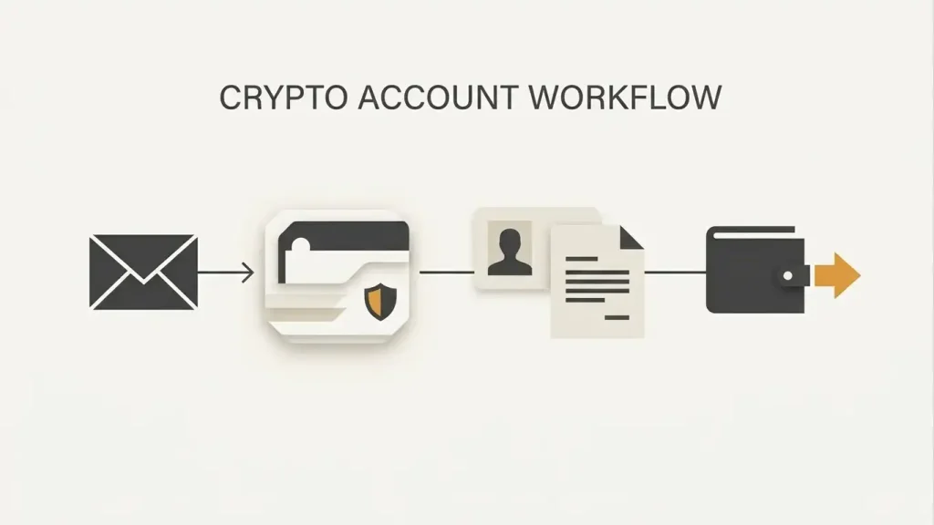 Generic account access and identity-check workflow with email, document and wallet symbols