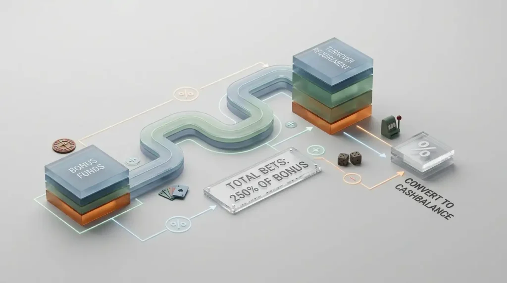 Abstract turnover path with stacked percentage blocks, casino game symbols and progress markers