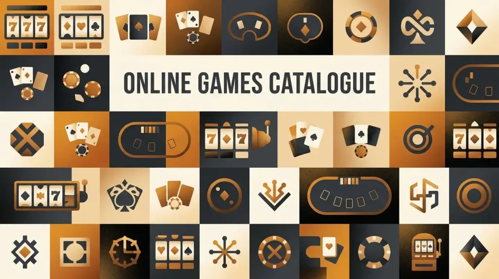 Abstract casino game tiles beside live table silhouettes and geometric game symbols