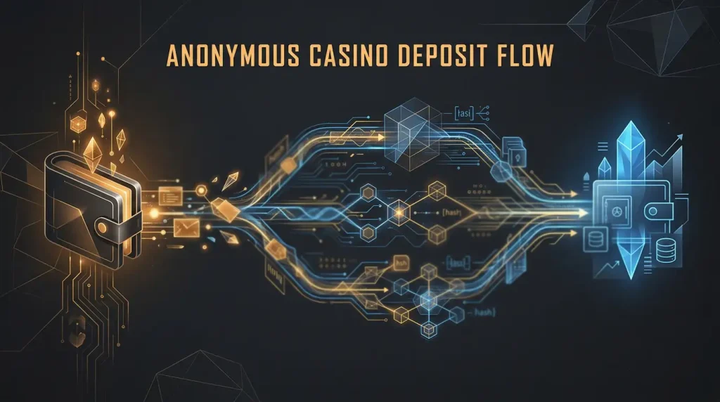 Generic crypto wallet sending assets through several network paths toward a casino account