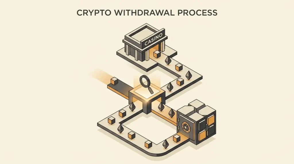 Generic crypto withdrawal moving from a casino balance through a review checkpoint to a wallet