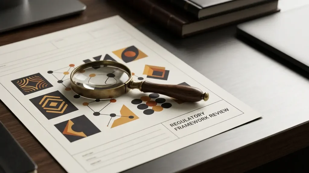 Regulatory documents beside abstract crypto symbols on a neutral inspection desk