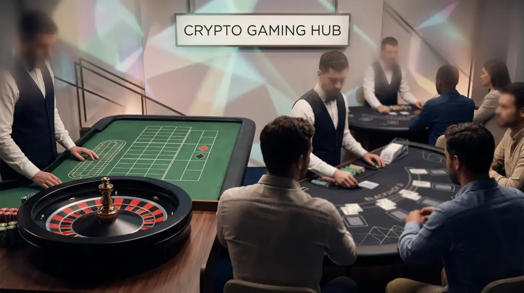 Studio-style casino tables with roulette wheel, card layouts and abstract game-show lighting