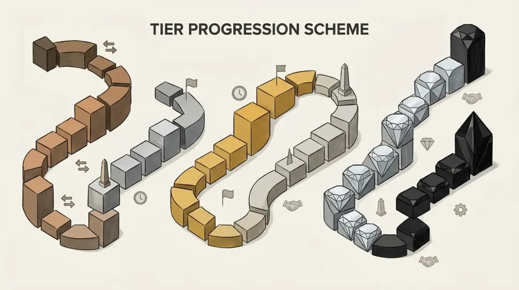 Abstract tier progression with stacked reward markers and a neutral rakeback flow